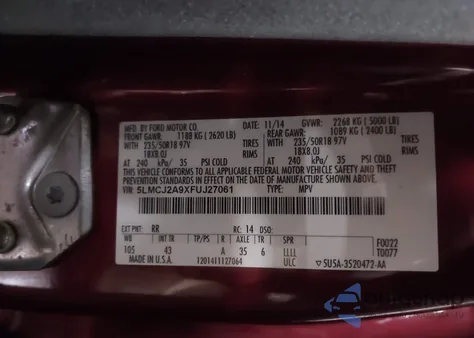 2015 Lincoln Mkc from USA, damaged, VIN 5LMCJ2A9XFUJ27061